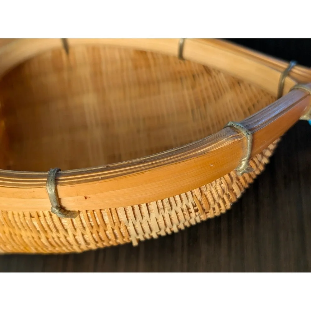 Vintage Hand‎ Woven Bamboo Scoop Basket Teardrop Shape Natural Wood Decor